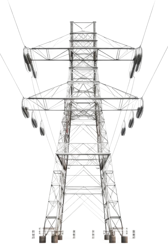 Estructura metálica de una torre de transmisión de energía eléctrica aislada sobre un fondo blanco.