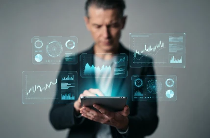 Especialista en datos revisando analíticas avanzadas y gráficos de rendimiento en una tableta.