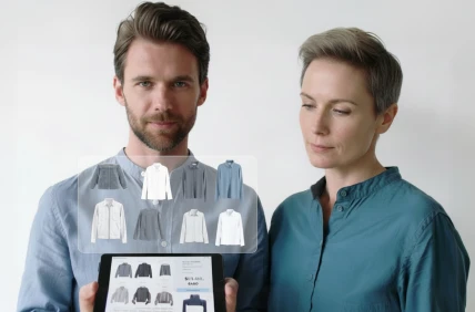 Un hombre y una mujer sostienen una tableta que muestra una interfaz de tienda online con una proyección holográfica de camisas sobre la pantalla.