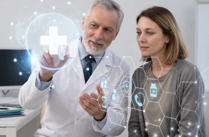 Doctor y paciente interactuando con una interfaz digital de salud con iconos médicos en un consultorio moderno.