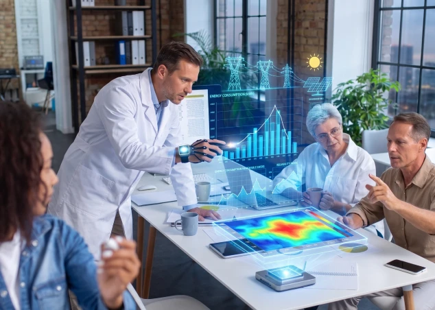 Especialistas analizan proyecciones holográficas de consumo de energía, paneles solares y mapas de calor en una oficina técnica.