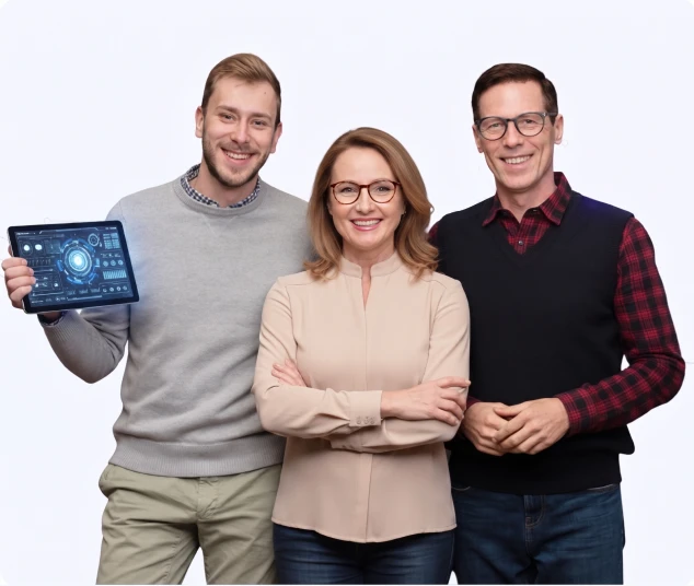 Tres profesionales sonrientes presentan una tablet con una interfaz tecnológica de análisis de datos sobre un fondo blanco.