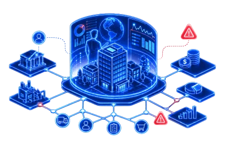 Visualización de un ecosistema empresarial integrado que conecta oficinas con industria, logística y finanzas, con gestión de riesgos.