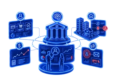 Diagrama isométrico futurista y brillante del ecosistema de IA de un banco, conectando clientes, transacciones, datos de propiedad y análisis de mercado con un cerebro central de IA.