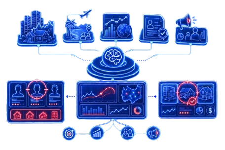 Diagrama de IA centralizada proporcionando análisis predictivos para sectores de turismo, inmobiliario y marketing.