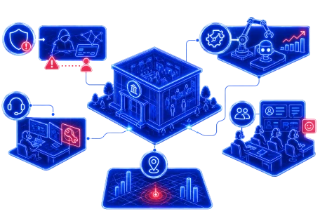 Mapa del ecosistema de banca inteligente con nodos para atención al cliente, automatización operativa y análisis de datos.