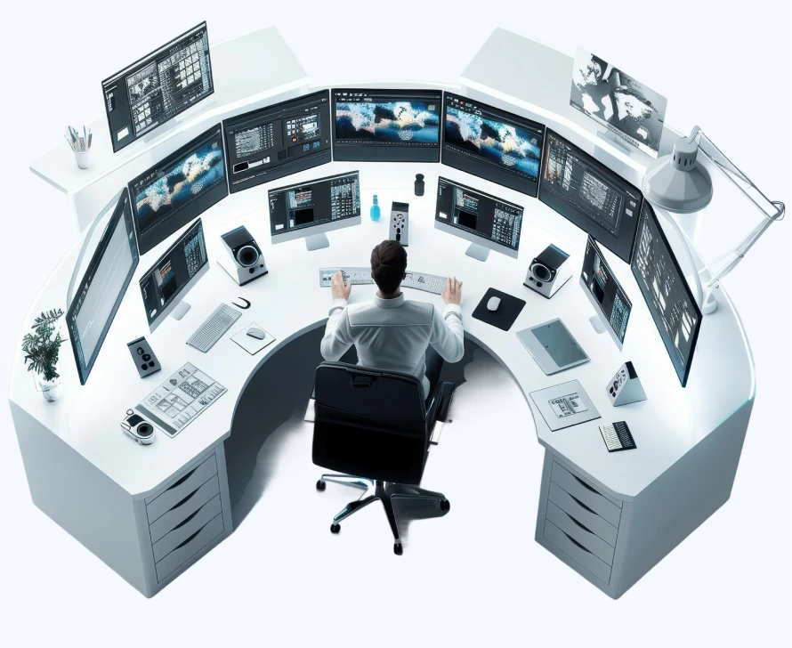 Vista aérea envolvente de un analista sentado en una estación de trabajo ergonómica curva de diseño futurista con múltiples monitores que muestran paneles de datos complejos.