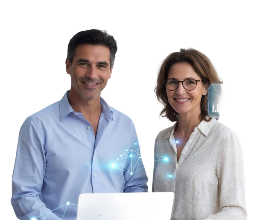Retrato de dos consultores de tecnología de Grupo AIA, hombre y mujer, sonriendo y mirando a la cámara, con gráficos de red y barras flotantes.