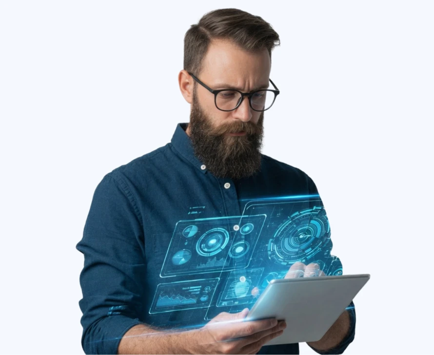 Un analista de datos o ingeniero de IA con barba y gafas, concentrado en una tableta con gráficos circulares y métricas holográficas flotando frente a él.
