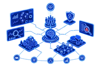 Diagrama holográfico azul de una red de inteligencia artificial conectada a módulos de salud, seguridad de datos, análisis estadístico y gestión de población.