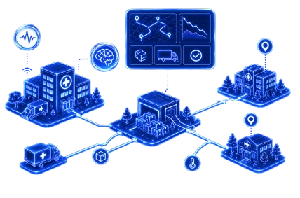 Diagrama isométrico de logística médica inteligente en azul neón que muestra la distribución de suministros desde un centro de mando hacia hospitales y clínicas mediante rutas optimizadas y monitoreo en tiempo real.