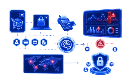 Infografía técnica en estilo neón que ilustra el proceso de monitoreo de transacciones globales y protección contra fraudes mediante Inteligencia Artificial y escudos de seguridad.