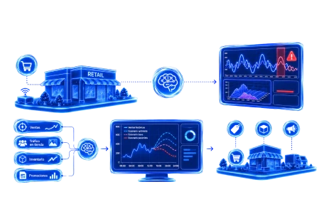 Infografía técnica en estilo neón azul que muestra el flujo de datos en una tienda física, integrando IA para el análisis de ventas, inventario y tráfico de clientes.