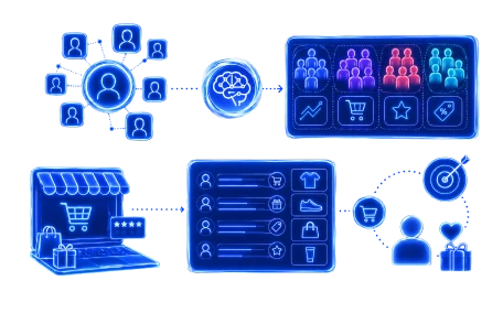 Infografía en estilo neón azul que detalla el proceso de análisis de datos de usuarios mediante Inteligencia Artificial para segmentación de mercado y ventas personalizadas en línea.