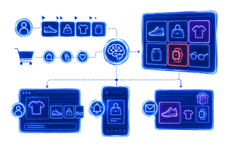 Infografía en estilo neón azul que representa cómo la Inteligencia Artificial analiza el historial de navegación y compras para generar recomendaciones personalizadas en web, móvil y correo electrónico.