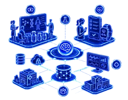 Ilustración digital en azul neón de un ecosistema de salud inteligente que conecta inteligencia artificial, dispositivos wearables, telemedicina y gestión de datos clínicos en una red integrada.